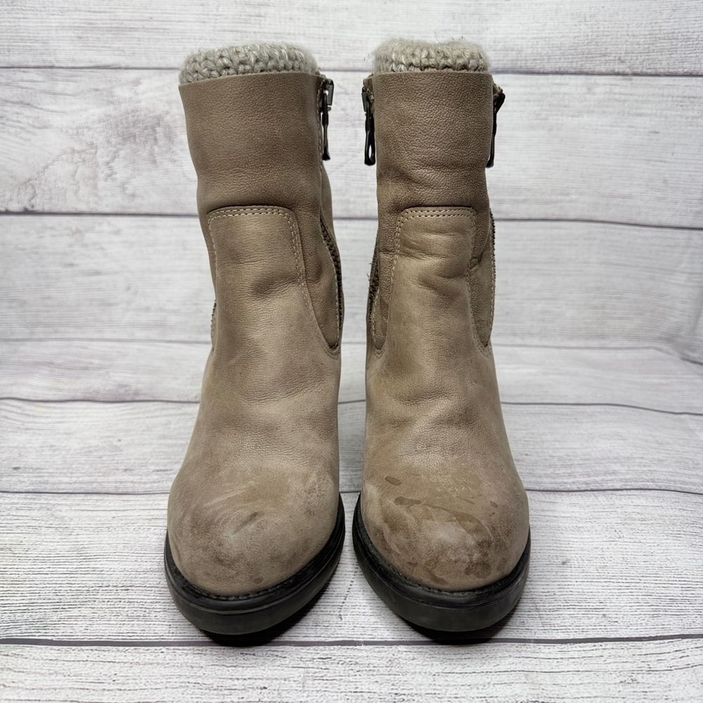 Steve Madden Sweaterr Taupe Leather Knit Collar‎ Block Heel Ankle Boots 7.5 - Picture 4 of 10